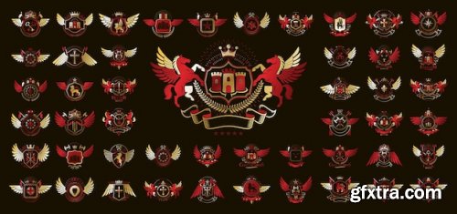 Heraldic coat of arms vector big set, vintage antique heraldic badges and awards collection