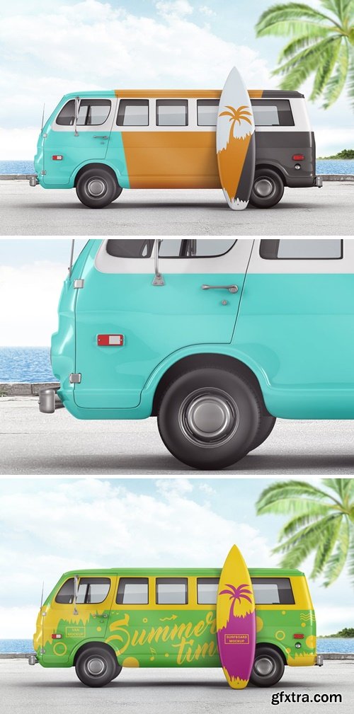 Van With Surfboard Branding Mockup 735FK7J