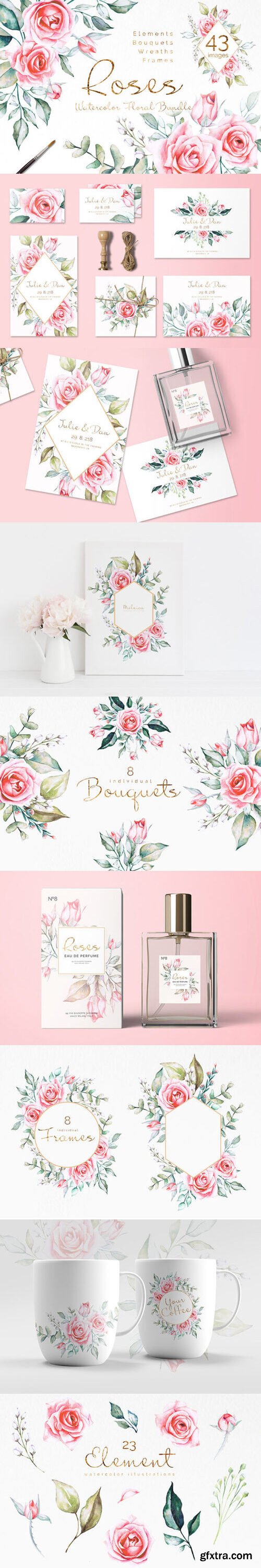 Pink Roses Watercolor Floral Bundle