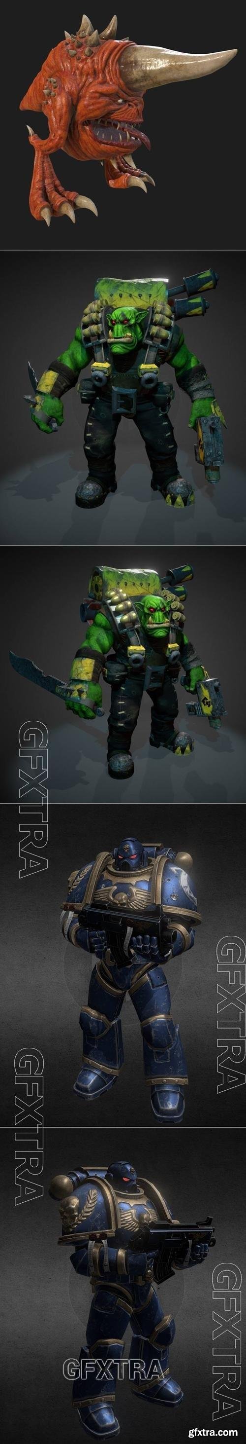 Warhammer 40k Ork Kommando and Warhammer 40000 Ultramarine and Warhammer Squig speed asset 3D 