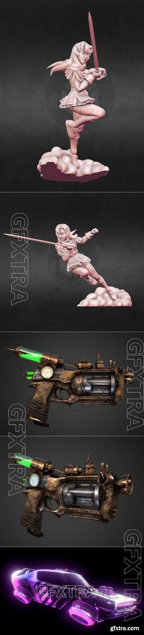 Revolutionary Girl Utena and Pistola Steampunk ii Gun and Retro Futuristic Car 3D