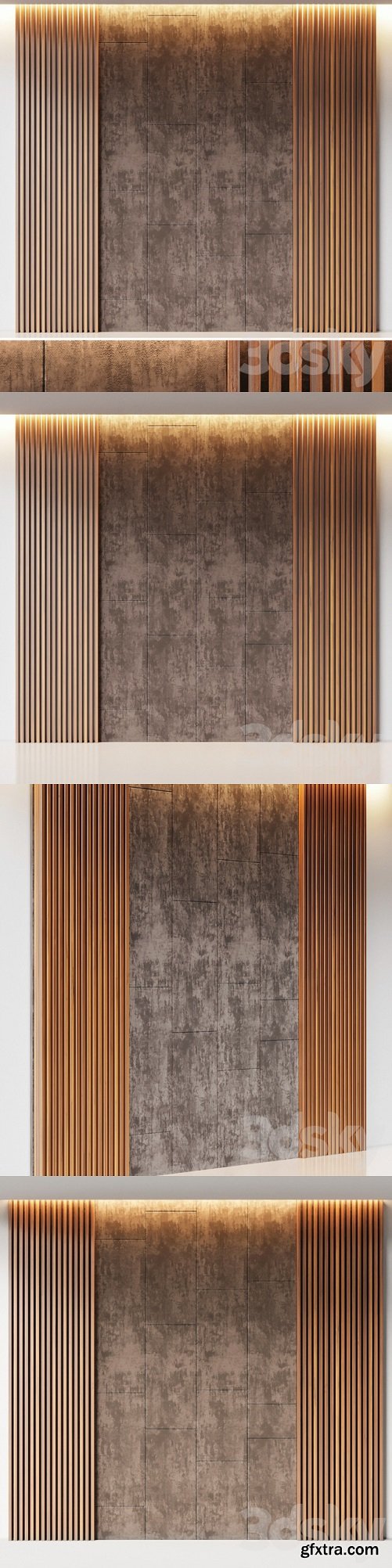 Decorative wall panel made of oak battens and beige velveteen