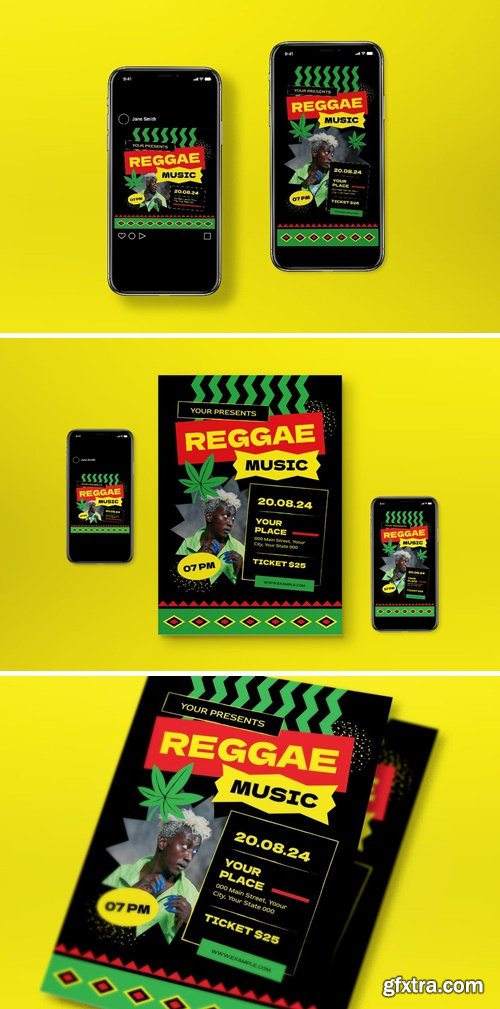 Green Flat Design Reggae Music Flyer Set TBZ8A87