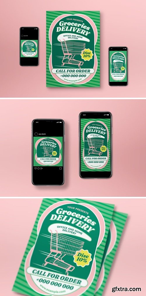 Green Flat Design Grocery Delivery Flyer Set FMH9QKE