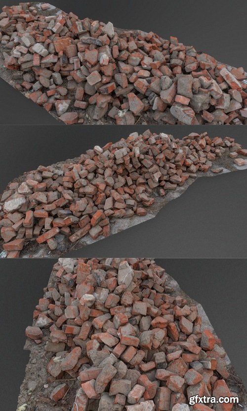 Long pile of old construction bricks 3D Model