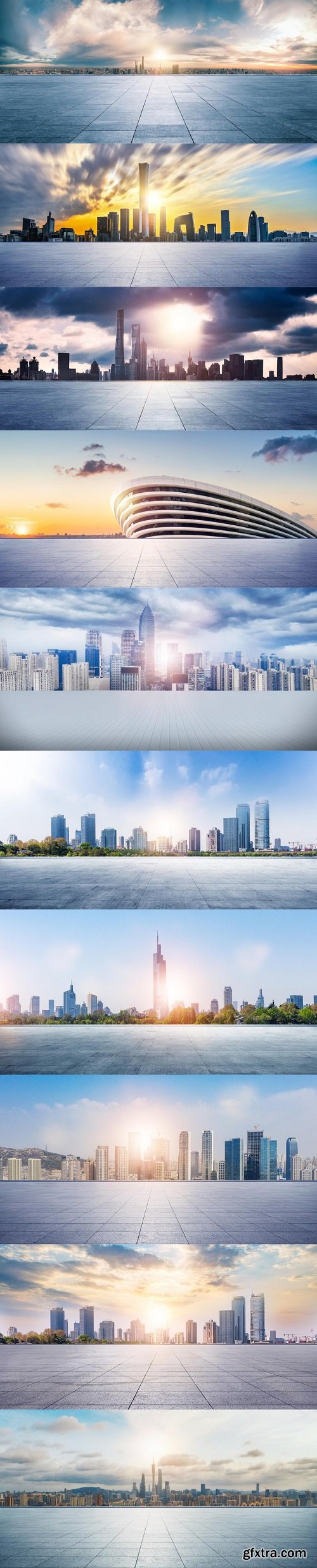 Panoramic sky and building with empty concrete square floor