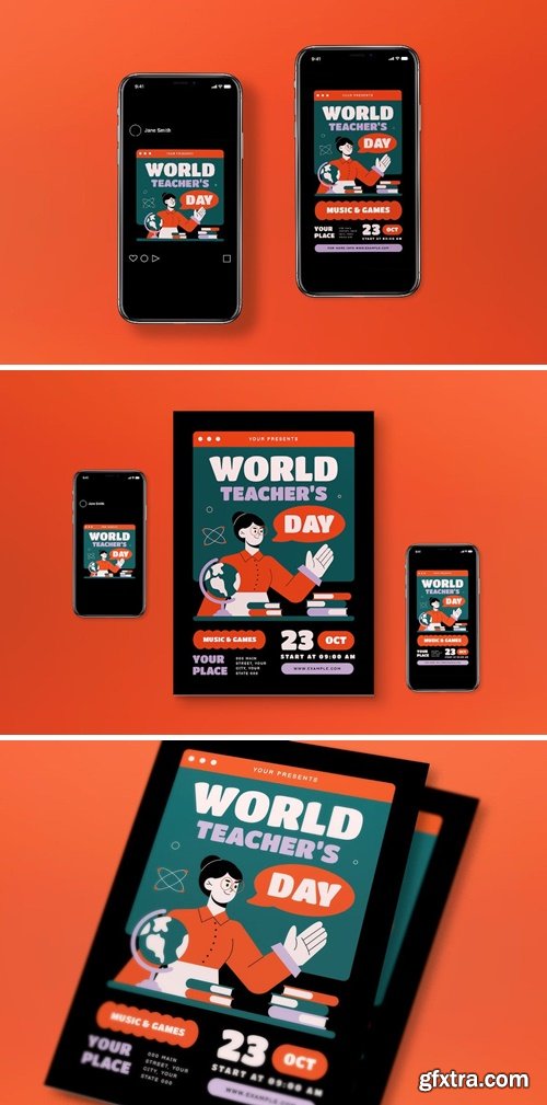 Orange Flat Design World Teacher Day Flyer Set 293ABFS