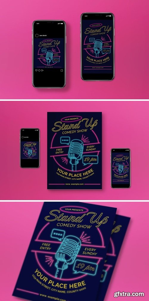 Black Neon Stand Up Comedy Flyer Set 63TDTF5