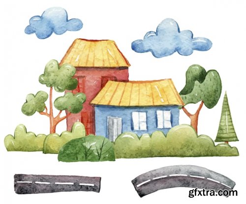 Watercolor cute cartoon house clipart set cozy house illustration