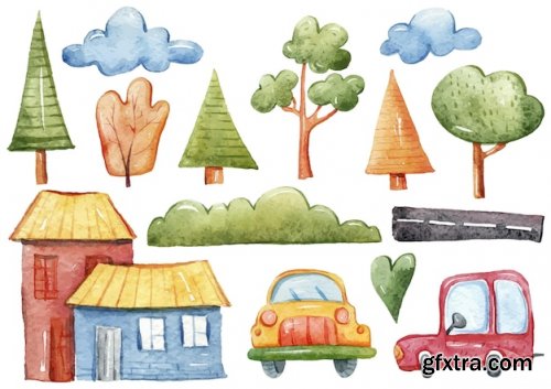 Watercolor cute cartoon house clipart set cozy house illustration