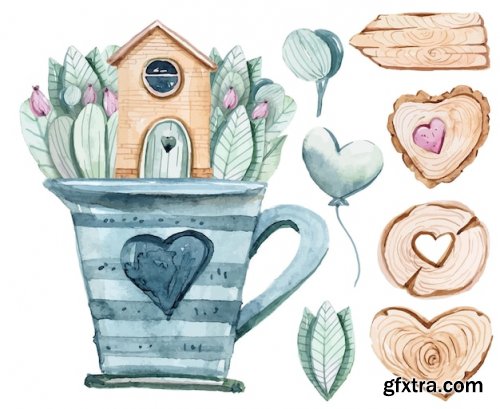 Watercolor cute cartoon house clipart set cozy house illustration