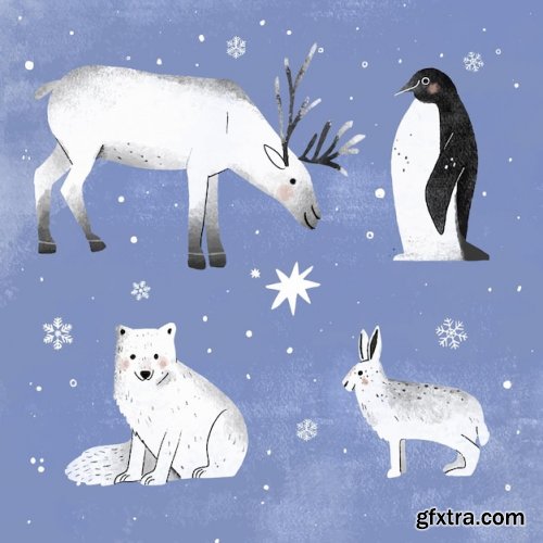 Hand drawn winter animals collection