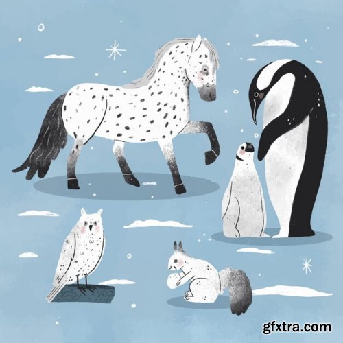 Hand drawn winter animals collection