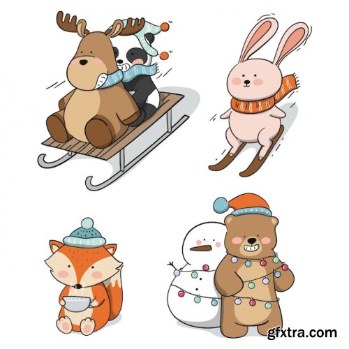 Hand drawn winter animals collection