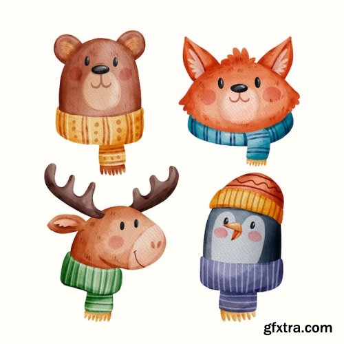 Hand drawn winter animals collection 02