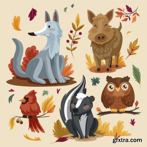 Cartoon autumn animals collection