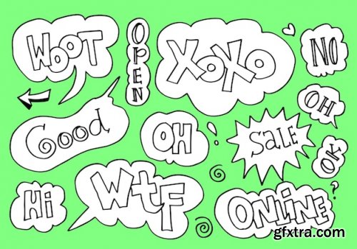 Hand drawn set of speech bubbles with handwritten short phrases