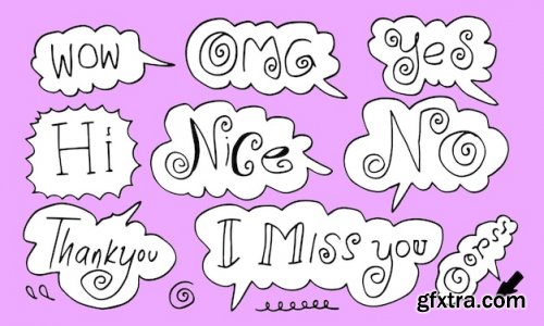 Hand drawn set of speech bubbles with handwritten short phrases