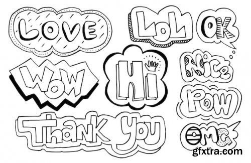 Hand drawn set of speech bubbles with handwritten short phrases