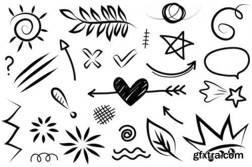 Abstract arrows ribbons crowns hearts explosions and other elements