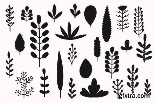 Floral design elements leaves flowers silhouettes premium vectors