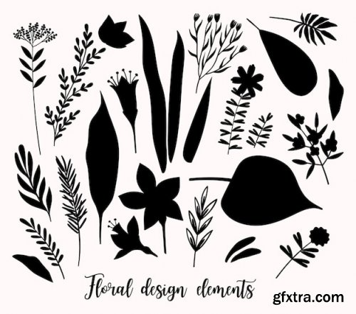 Floral design elements leaves flowers silhouettes premium vectors