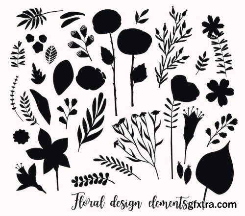 Floral design elements leaves flowers silhouettes premium vectors