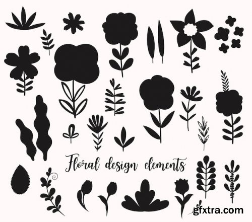 Floral design elements leaves flowers silhouettes premium vectors