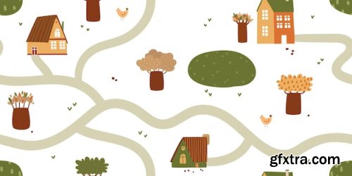 Cartoon vector childish seamless pattern with houses trees streets wallpaper map illustration