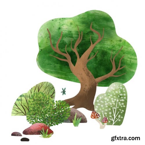 Watercolor forest elements hand drawn illustration