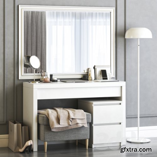 IKEA MALM Dressing Table with SONGE wall mirror and Strandmon Gray Ottoman