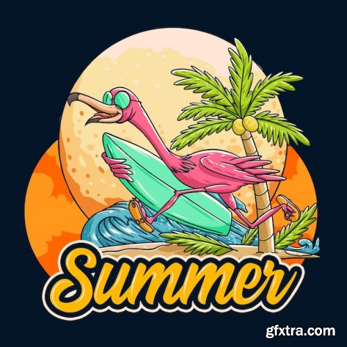 Flamingo summer with surfboard