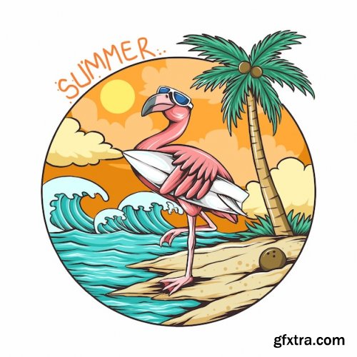 Flamingo summer with surfboard