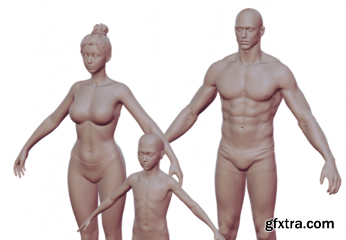 Realistic 3 characters man woman child Highpoly