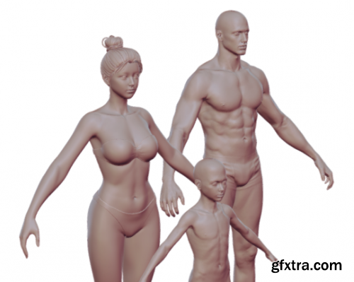 Realistic 3 characters man woman child Highpoly