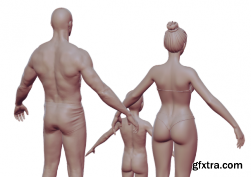 Realistic 3 characters man woman child Highpoly