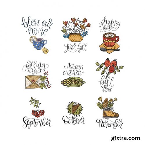 Cozy fall vector lettering set hand drawn autumn quotes