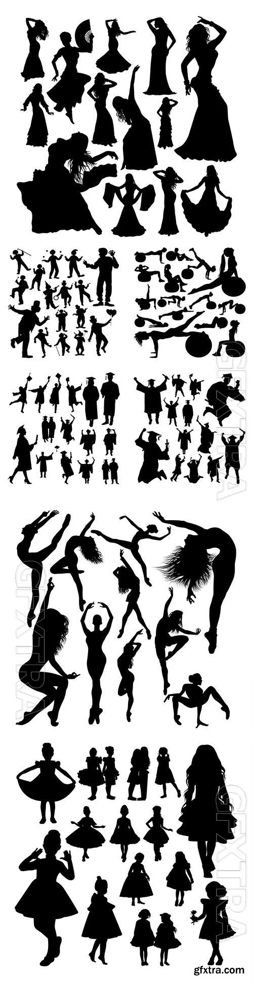 Silhouettes of men, women, children in vector