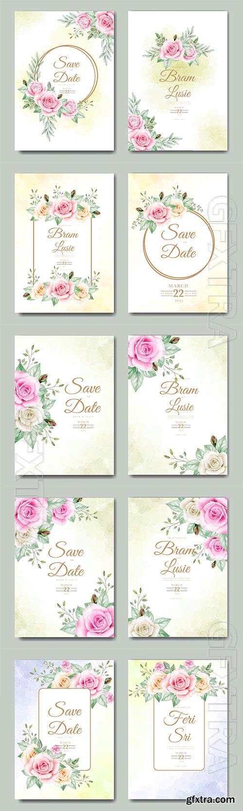 Wedding invitation card with floral leaves watercolor in vector