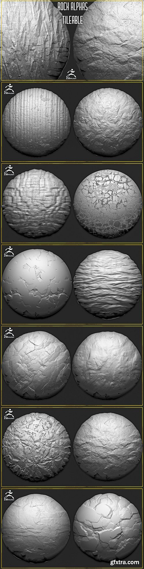 20 Rock Tileable Alphas (ZBrush, Substance)