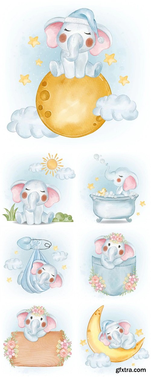 Cute Baby elephant watercolor illustration