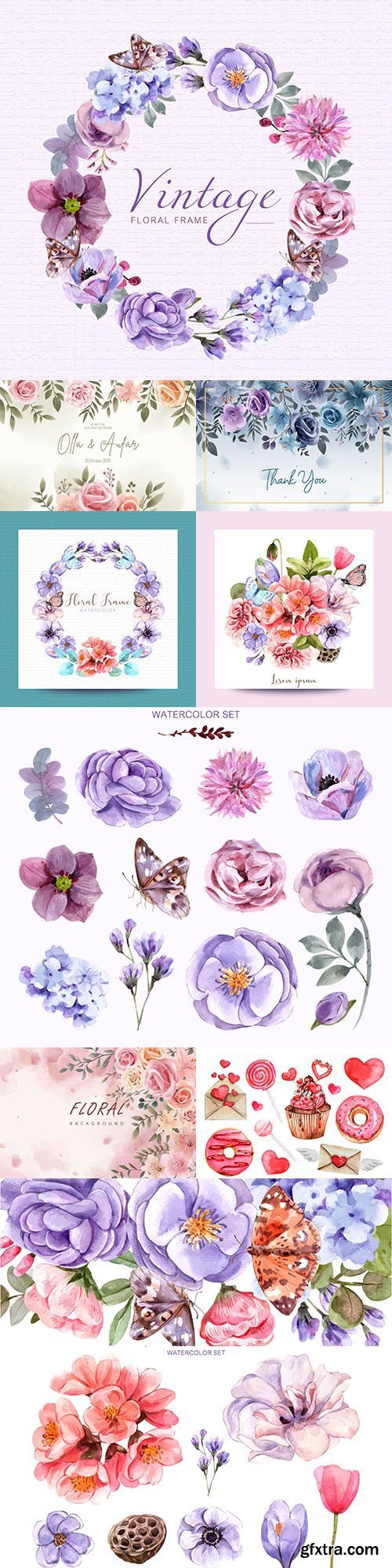 Watercolor flowers and compositions set for design