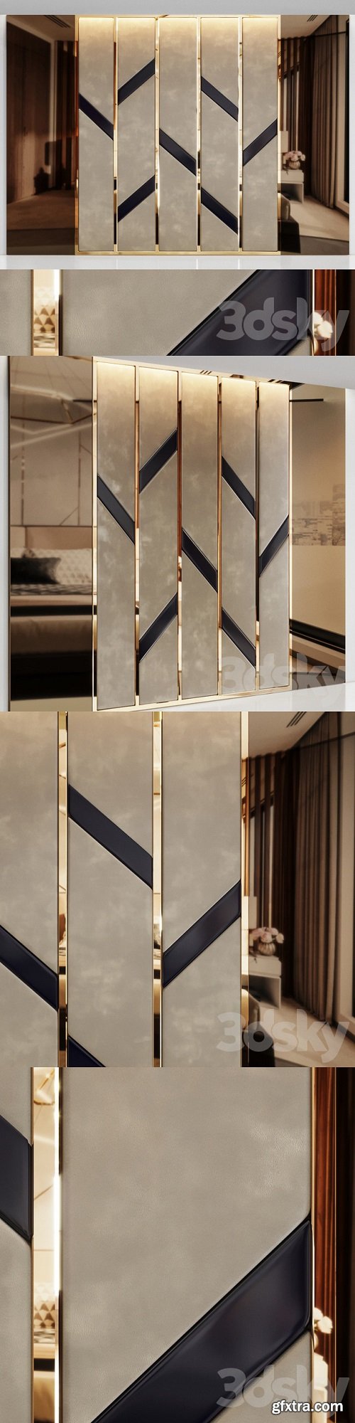 Headboard made of bronze mirror and soft beige panels