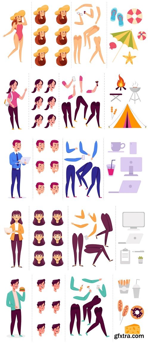 Creation animated people characters template with body path head leg