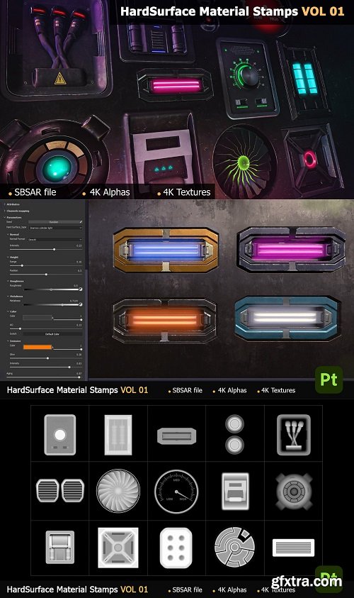 15 HardSurface Material Stamps - Emissive HardSurfaces -4k Textures & Alphas+3 Free Sam