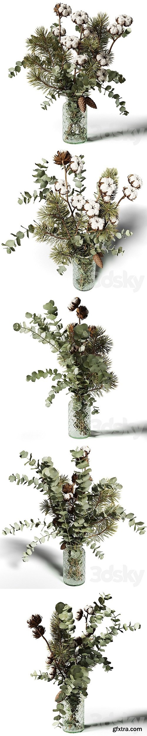 Bouquet of eucalyptus, pine and cotton in a glass vase