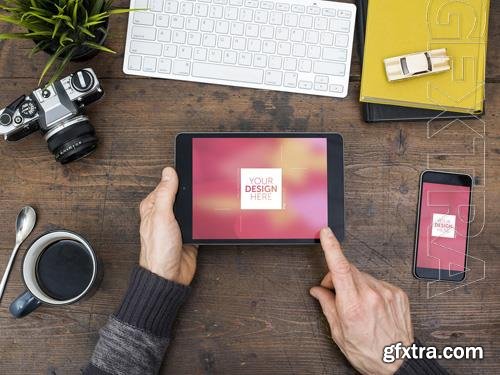 Smartphone and Tablet on Wooden Desk Mockup 218274427