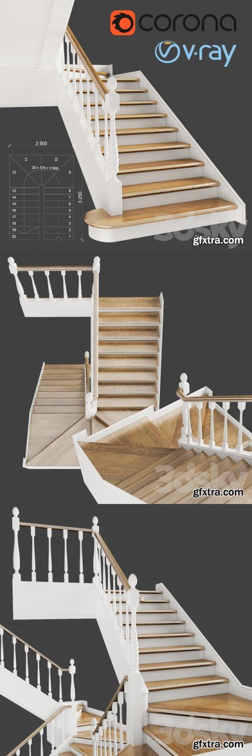 Classic two-march staircase with staggered steps