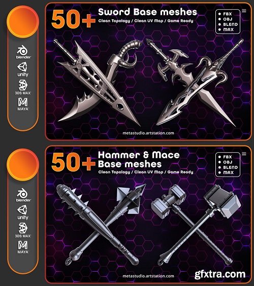 Arstation - 50 Sword + 50 Hammer & Mace Base Meshes