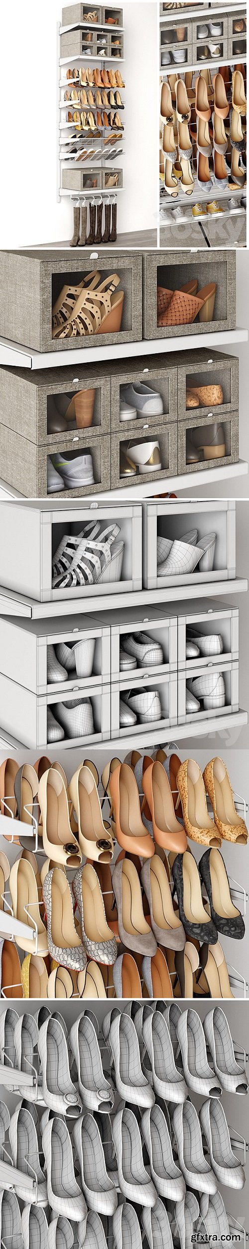 Shoe rack in a shoe cabinet. Set of shoes. Shelf filling